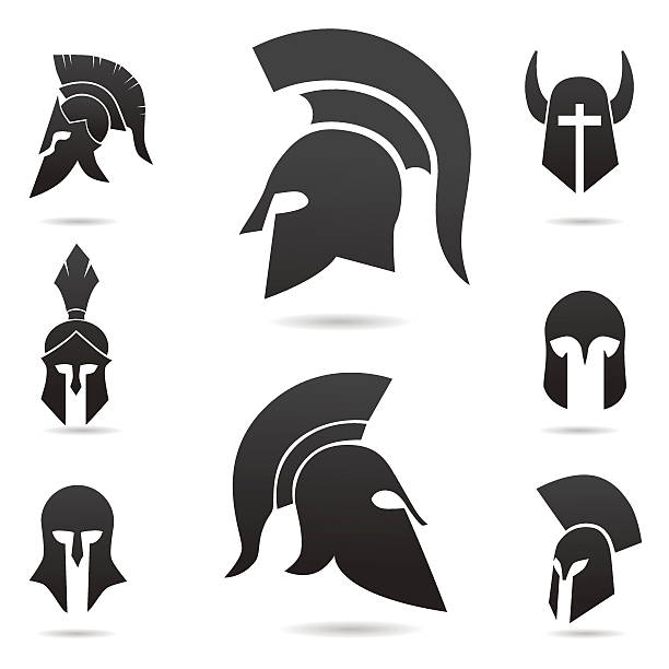 ilustraciones, imágenes clip art, dibujos animados e iconos de stock de soldado antiguo, casco de guerrero. - medieval knight helmet suit of armor