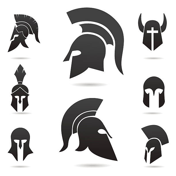 ilustrações de stock, clip art, desenhos animados e ícones de ancient soldier, warrior helmet. - medieval knight helmet suit of armor