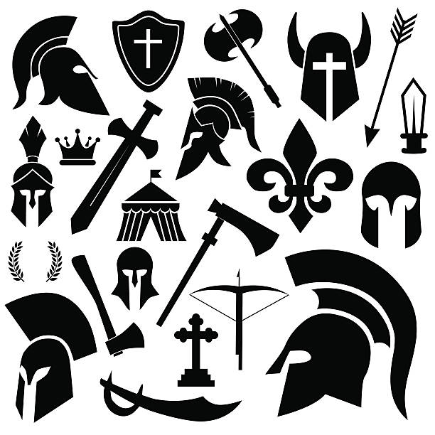 starożytny żołnierz, wojownik, średniowieczny zestaw ikon broni. - suit of armor weapon shield military stock illustrations