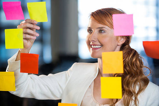 istock Businesswoman seen through glass with adhesive notes 602336168