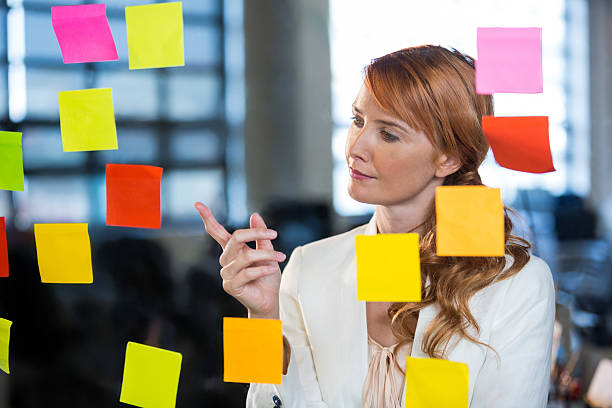 istock Businesswoman pointing at sticky notes 602336226