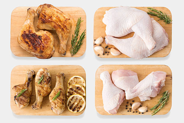 mockup raw chicken and grilled chicken on cutting board set. - barbecue grill chicken barbecue chicken breast imagens e fotografias de stock