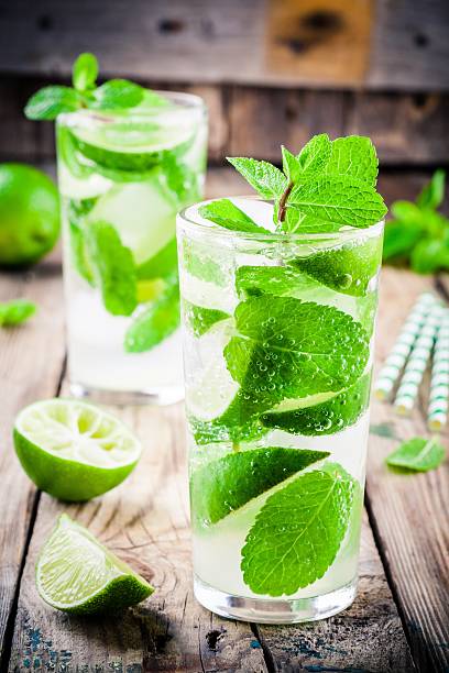 istock fresh cocktails with lime, mint and ice in glass 602337610