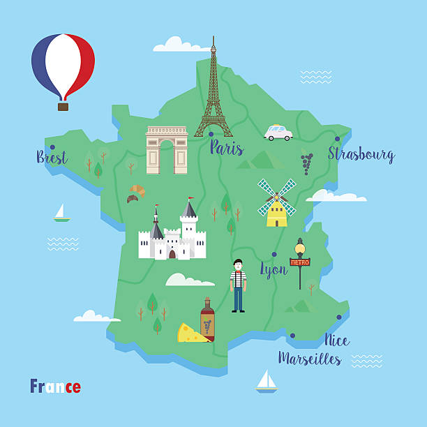 ilustraciones, imágenes clip art, dibujos animados e iconos de stock de francia. coloridos mapas de viaje con puntos de referencia populares. - adventure history map backgrounds