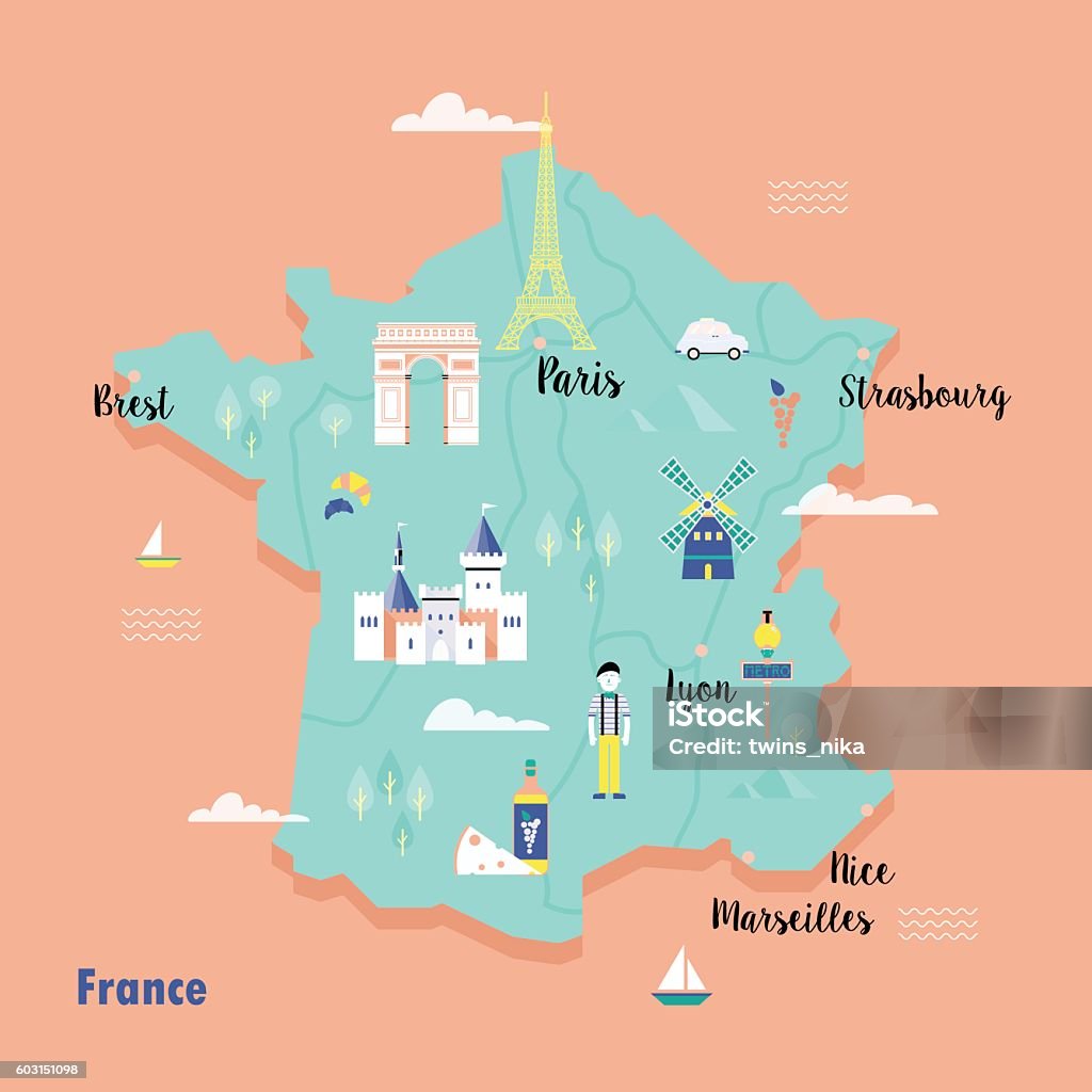 Colorful map of France in retro style with popular landmarks. Colorful map of France in retro style with landmarks: the Eiffel tower, the metro, the arc de Triomphe. Illustration in flat style perfects for flyer, poster, card. France stock vector