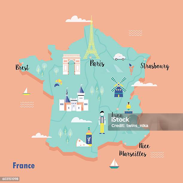 Colorful Map Of France In Retro Style With Popular Landmarks Stock Illustration - Download Image Now