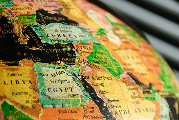 Portion of a Colorful Globe Showing the Middle East A portion of a colorful globe with a black water background showing the Middle East with particular focus on Egypt, Turkey, and Syria. north africa photos stock pictures, royalty-free photos & images