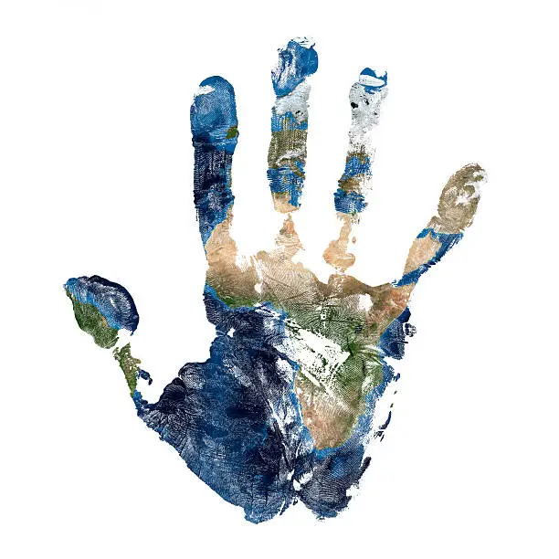Real hand print combined with a map of our blue planet Earth - isolated on white background.
