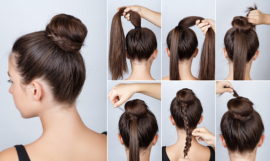 Hairstyle Tutorial Elegant Bun With Braid Stock Photo - Download Image Now  - Hair Bun, Hairstyle, Braided Hair - iStock