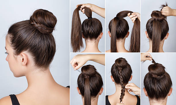 Hairstyle tutorial elegant bun with braid Hairstyle tutorial  elegant bun with braid. Simple hairstyle twisted bun with plait tutorial. Hairstyle tutorial for long hair. Hairstyle bun. Tutorial. Hair model. hair bun stock pictures, royalty-free photos & images