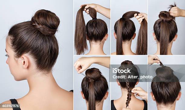 Hairstyle Tutorial Elegant Bun With Braid Stock Photo - Download Image Now - Hair Bun, Hairstyle, Braided Hair