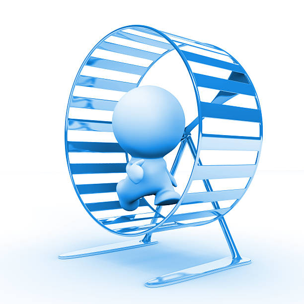 blue 3d human character running in a hamster wheel
