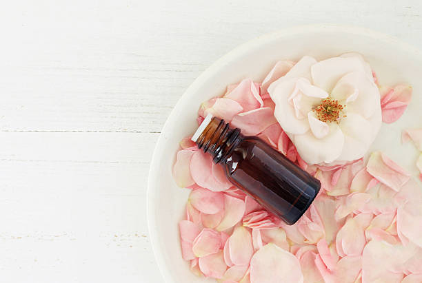 istock Essential rose oil with pink petals 603158202
