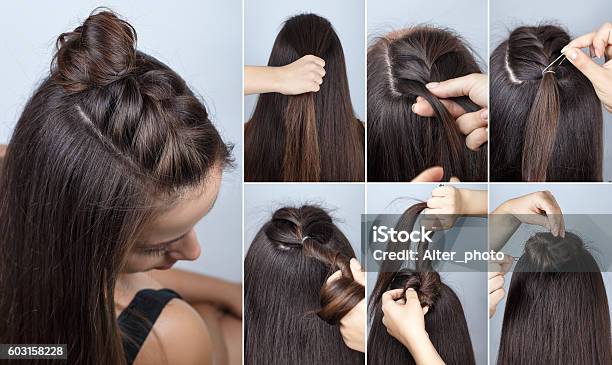 Process of weaving braid. Hairstyle for long hair. Boho style. Hairstyle  volume braided crown tutorial step by step. Hairstyle for long hair Stock  Photo - Alamy