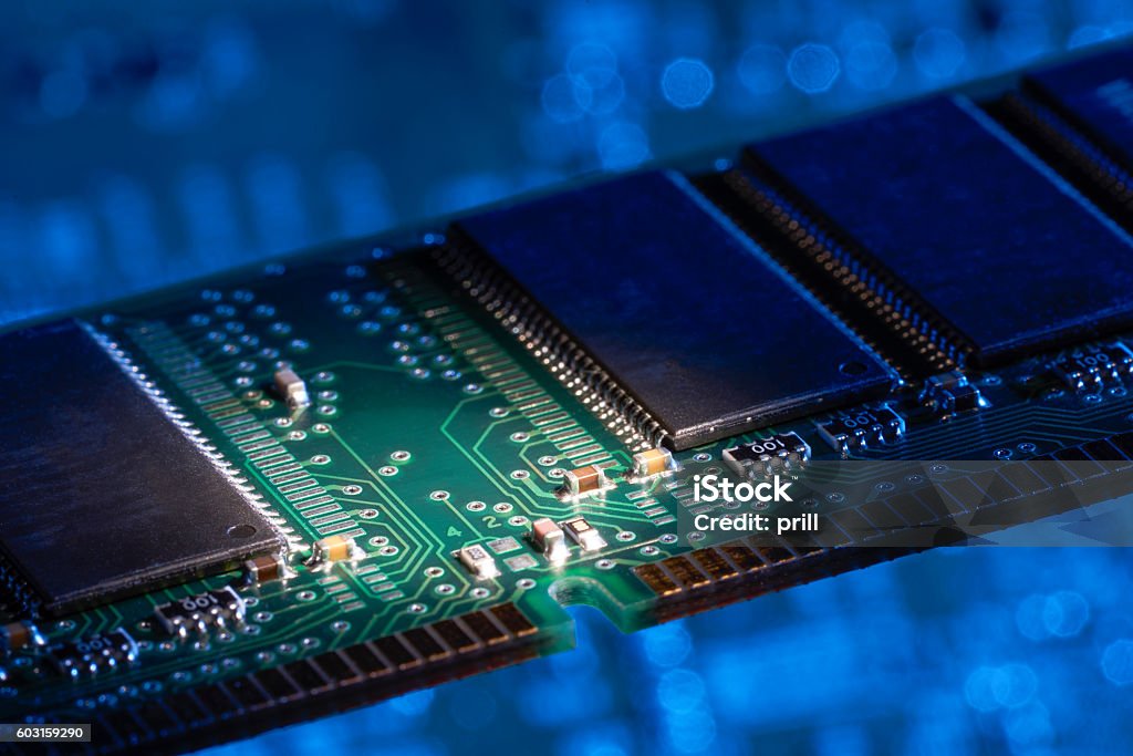 Computer memory closeup Computer memory closeup in blue ambiance Random Access Memory Stock Photo