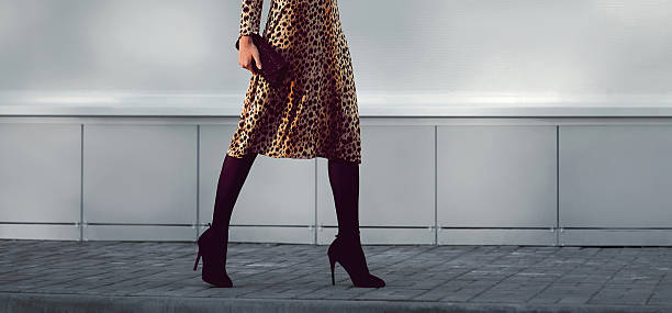 moda donna elegante in abito sui tacchi con borsa a piedi - women shoe fashion dress foto e immagini stock