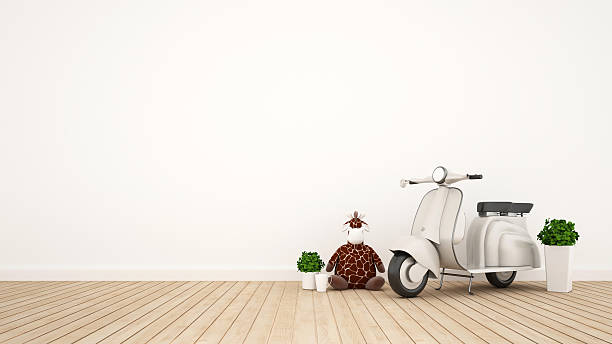 istock giraffe doll and motorcycle in kid room - 3D Rendering 603161044