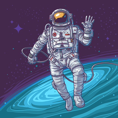 Vector illustration cosmonaut on the cosmic background. Astronaut waving hand