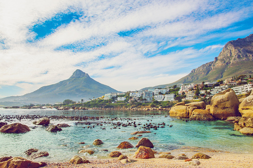 Vintage shot of a Beautiful beach in Cape Town, with Lion's Head mountain