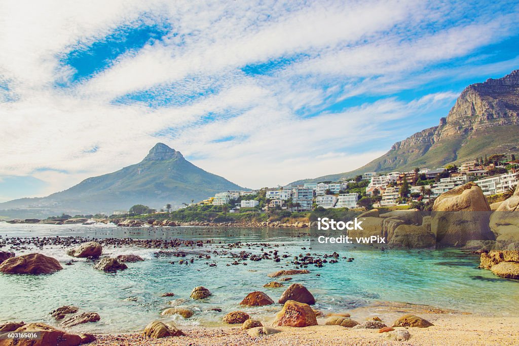 Beautiful beach in Cape Town Vintage shot of a Beautiful beach in Cape Town, with Lion's Head mountain Cape Town Stock Photo