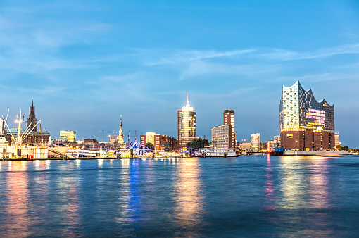Hamburg skyline with Landungsbrücken and Elbphilharmonie