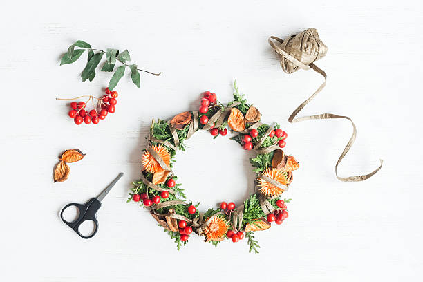 Handmade autumn wreath. Top view, flat lay