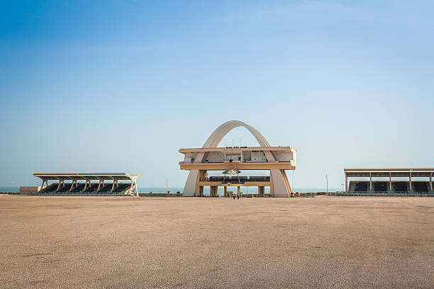 Aerial view of Black Star Square, also known as Independence Square in Accra, with the Atlantic Ocean seen in the background
