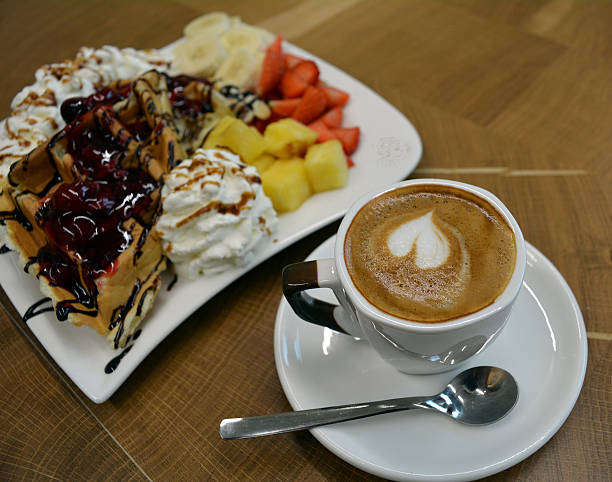 istock Waffle with fruit and whipped cream and coffee cup 603167000