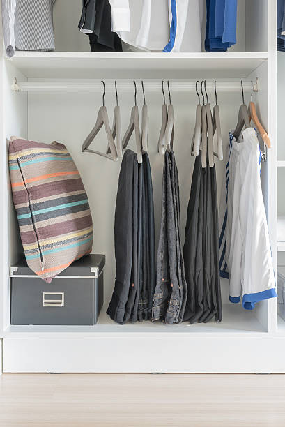 istock clothes hanging on rail in modern white wardrobe 603168868
