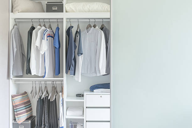 istock clothes hanging on rail in modern white wardrobe 603169002