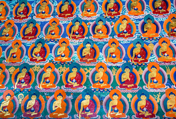 istock Mural with Buddha statues in Tibetan monastery 603169212