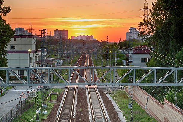 istock Railroad - Railway at sunset with sun HDR 603169994