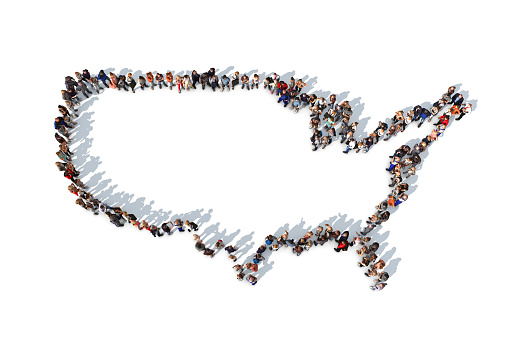 3D render of a group of people arranged in the shape of the United states of America map outline