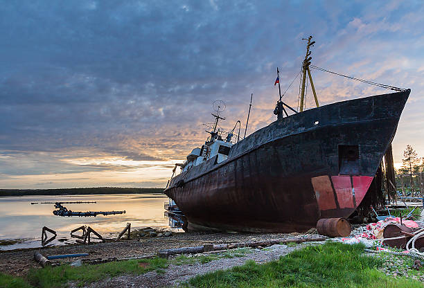 istock Beautiful sunset over White Sea with a ship 603172506