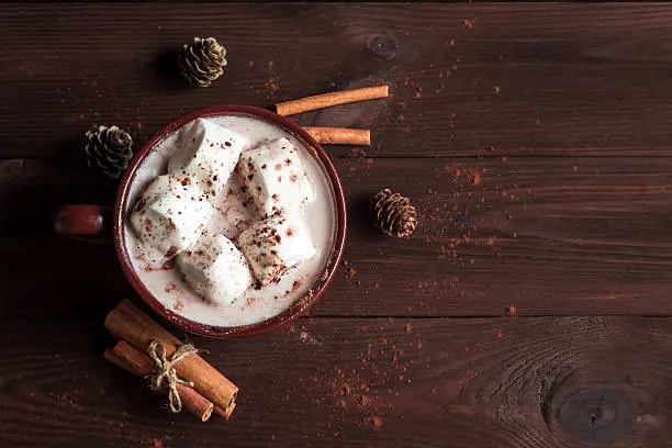 Christmas drink. Hot chocolate in a mug, marshmallows, cinnamon sticks and fir cones, top view, flat lay