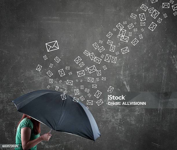 Woman Under The Umbrella Stock Photo - Download Image Now - E-mail Spam, Large Group Of Objects, Chalkboard - Visual Aid
