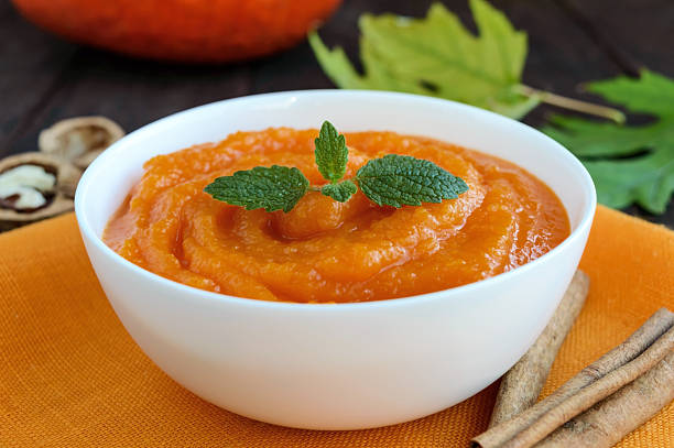 istock Organic pumpkin puree (soup) in a white bowl 603178380