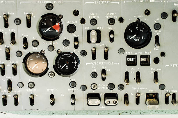 retro 70's aircraft cockpit navigation control board. - cockpit dashboard airplane control panel imagens e fotografias de stock