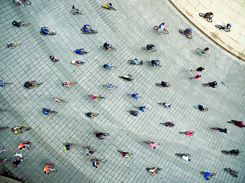 People cycling at the street. Aerial view.