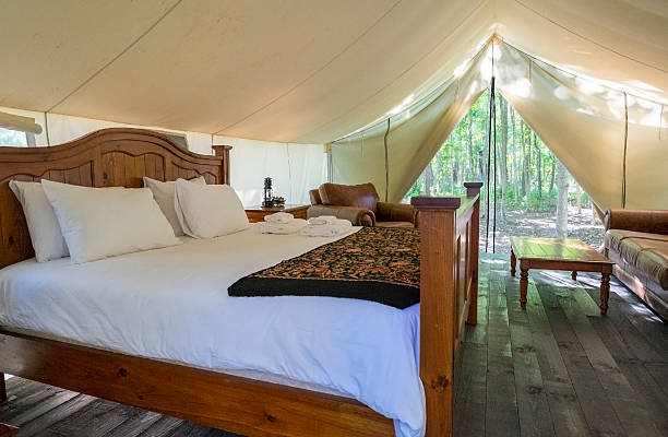 Interior of a Luxurious White Canvas Tent in the Woods Luxurious furniture in a glamping tent in the woods. glamping photos stock pictures, royalty-free photos & images