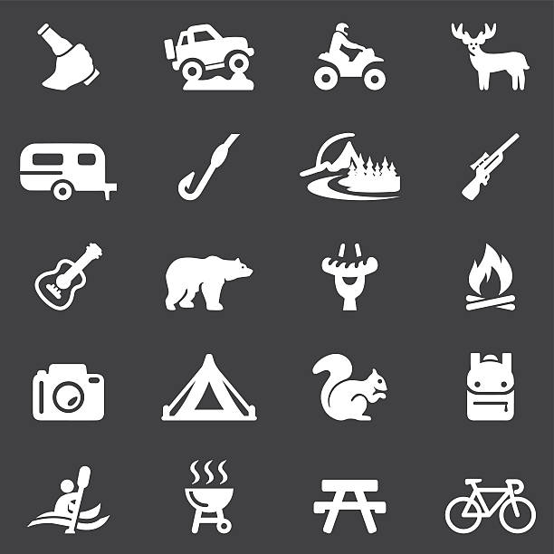 outdoor und abenteuer weiß silhouette 20 icons| eps10 - förster wald stock-grafiken, -clipart, -cartoons und -symbole