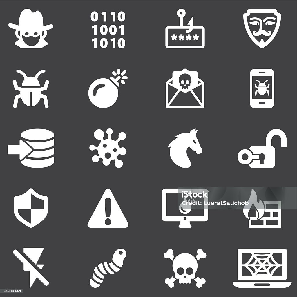 Hacker Cyber Crime White Silhouette Icons | EPS10 Hacker Cyber Crime White Silhouette Icons  Computer stock vector