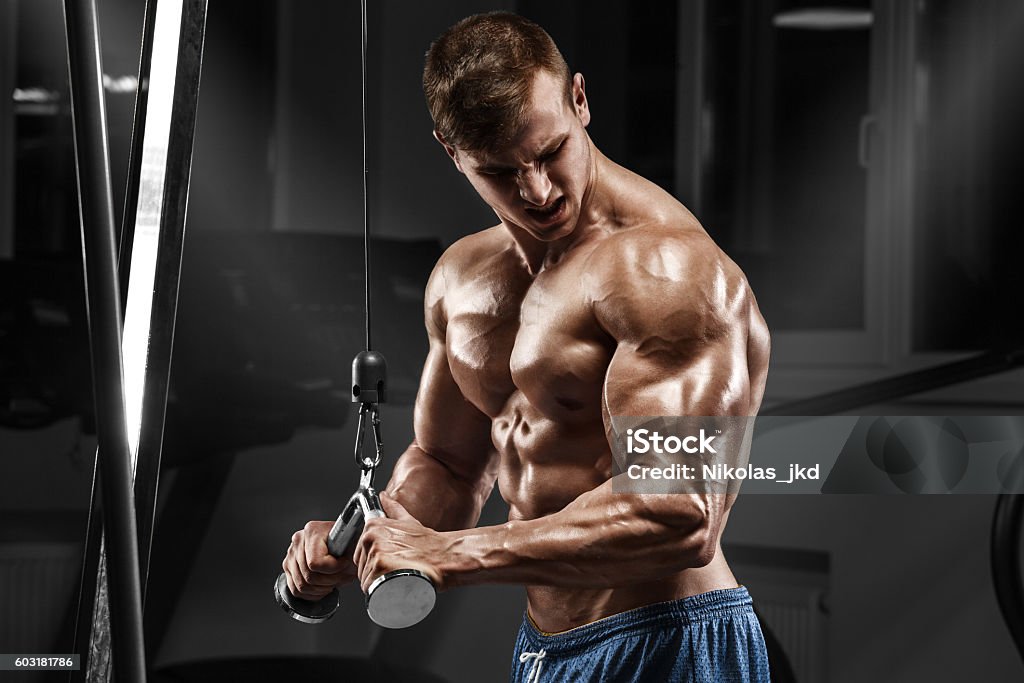 Muscular man working out in gym doing exercises, torso abs Muscular man working out in gym doing exercises at triceps, strong male naked torso abs Body Building Stock Photo