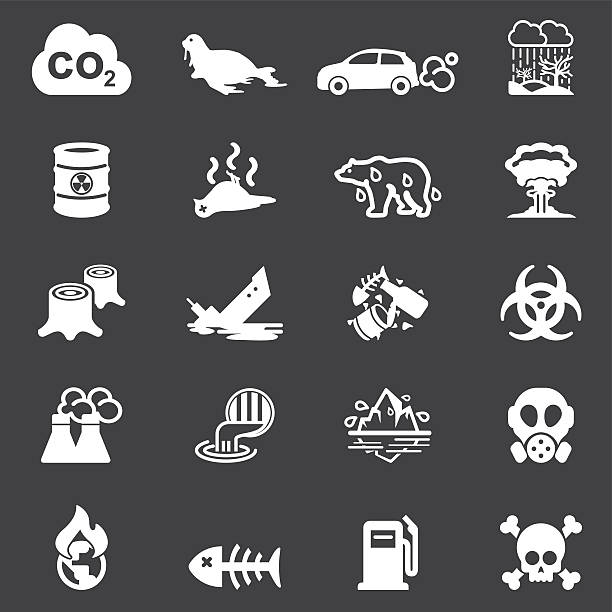 ilustraciones, imágenes clip art, dibujos animados e iconos de stock de iconos de silueta blanca de la contaminación | eps10 - toxic waste vector biohazard symbol skull and crossbones