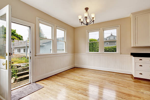 istock Empty hallway interior with hardwood floor ,opened door to backyard 603183710