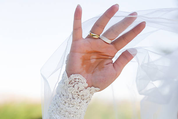 istock Lace white wedding dress with long sleeves 603183792