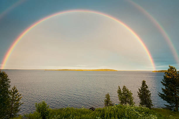 istock Double colorful rainbow over the lake 603183910