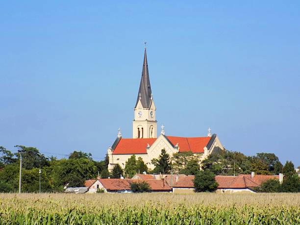 istock Old catholic christian religion church behind corn field 603184810