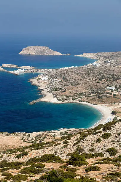 Looking down to bays around Lefkos with its crystalline waters and sandy beaches on Greek's island of Karpathos.