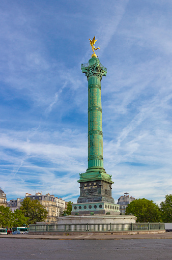 Place de la Bastille in Paris, France, with the July Column in the center, which was built in 1840 on the place where the Bastille prison stood